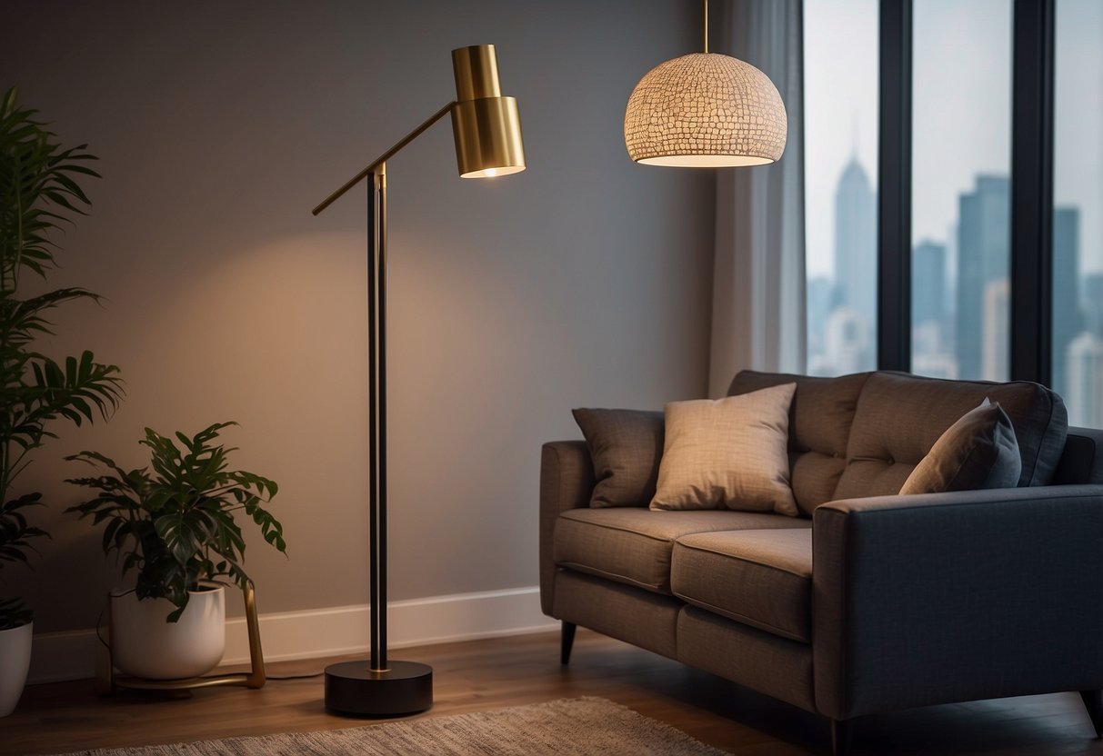 A sleek floor lamp with adjustable height stands in a modern living room, casting a warm glow on the surrounding decor