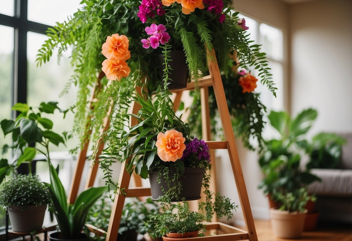 A tall ladder-style plant stand adorned with lush greenery and colorful flowers, creating a vibrant and inviting home decor display