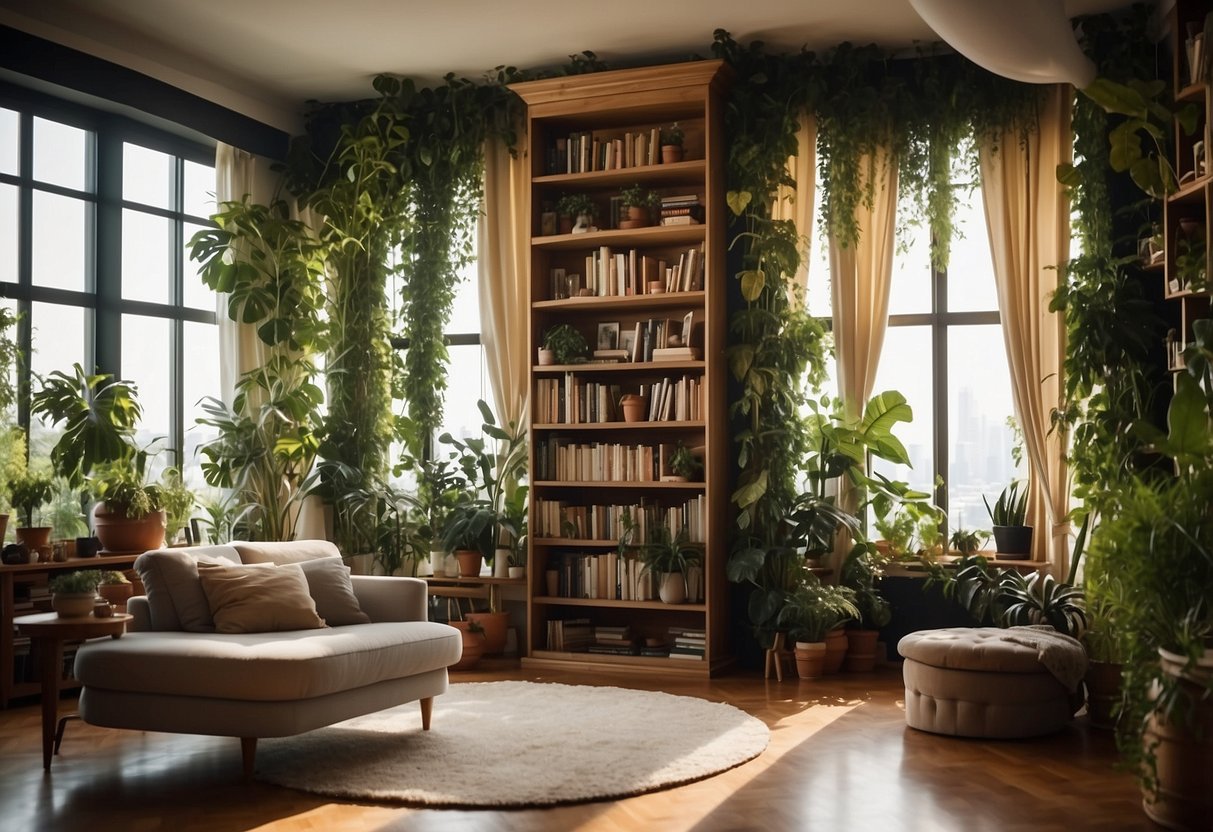 A towering bookshelf filled with plants and art, a large mirror reflecting the space, and floor-to-ceiling curtains billowing in the breeze