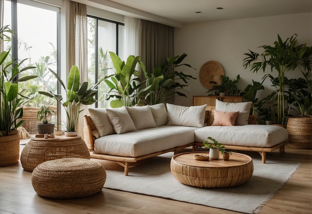 A serene living room with bamboo furniture, plants, and wall decor. A cozy bedroom with a bamboo bed frame, soft lighting, and natural textures