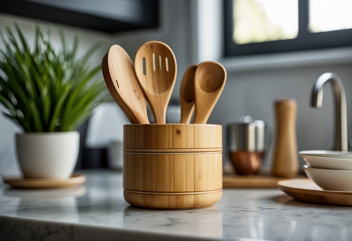 A bamboo utensil holder sits on a kitchen counter, surrounded by other bamboo home decor items