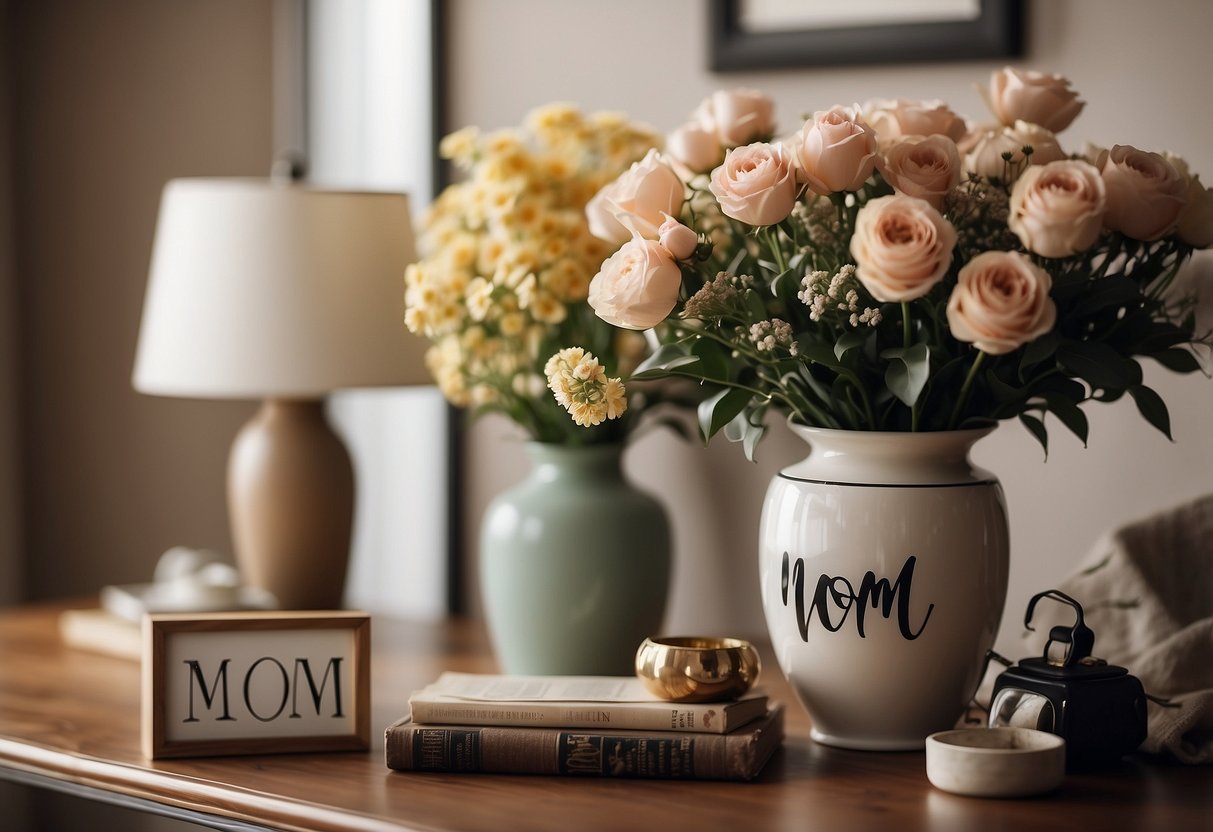 A cozy living room with a vase of fresh flowers, a framed family photo, and a decorative "Mom" sign on the wall