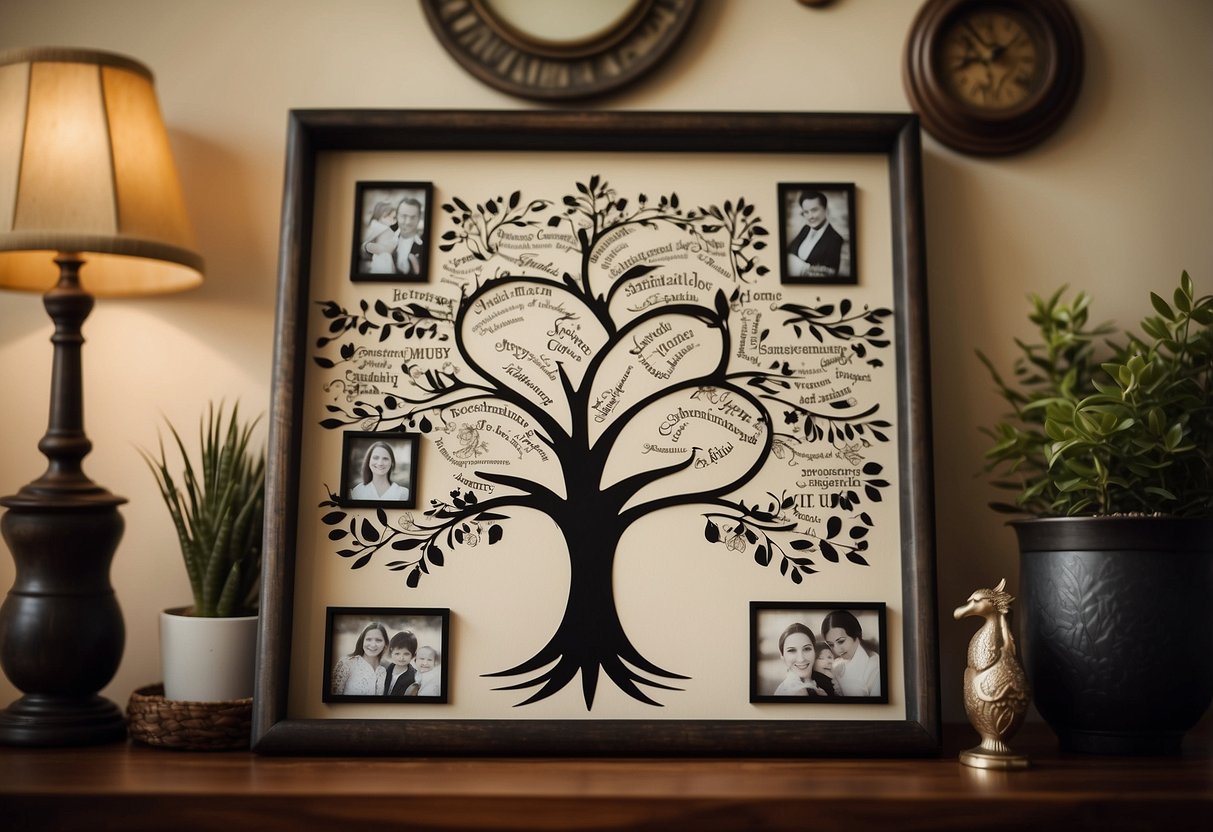 A family tree picture frame hangs on a wall, surrounded by personalized family photos. The frame is adorned with decorative elements and inscriptions, creating a warm and sentimental home decor piece for Mother's Day