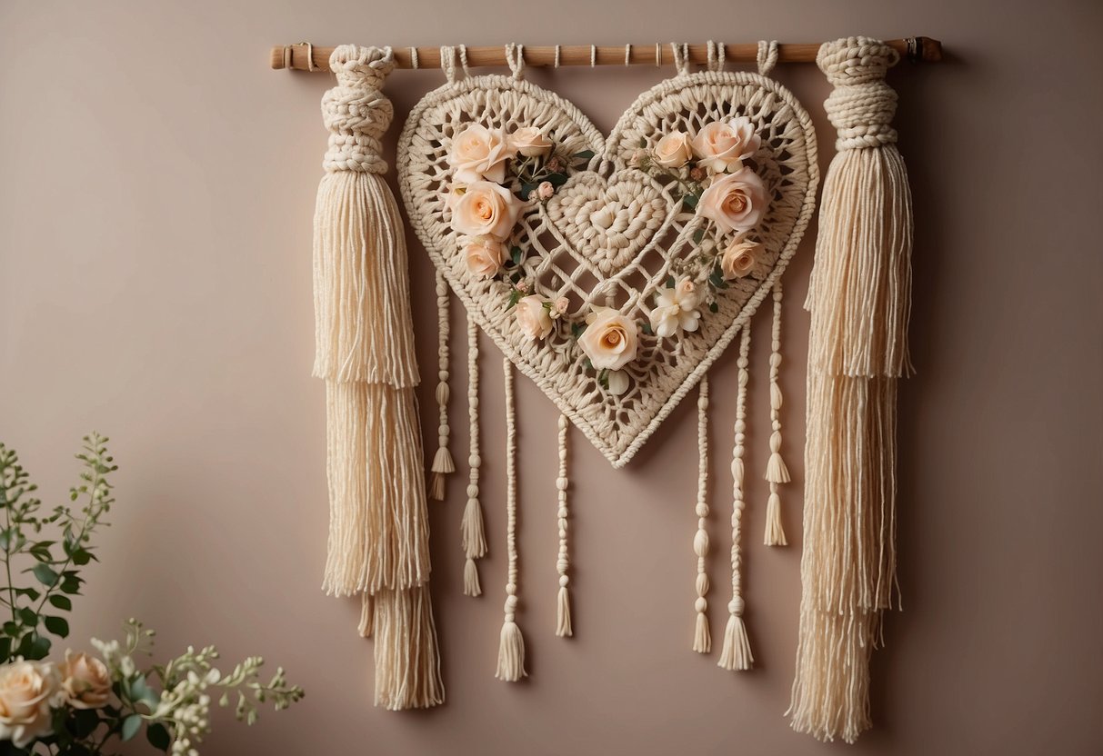 A macrame wall hanging with intricate knots and delicate fringes, adorned with soft pastel flowers and a heart-shaped charm, hangs against a neutral-colored wall, adding a touch of warmth and elegance to the room