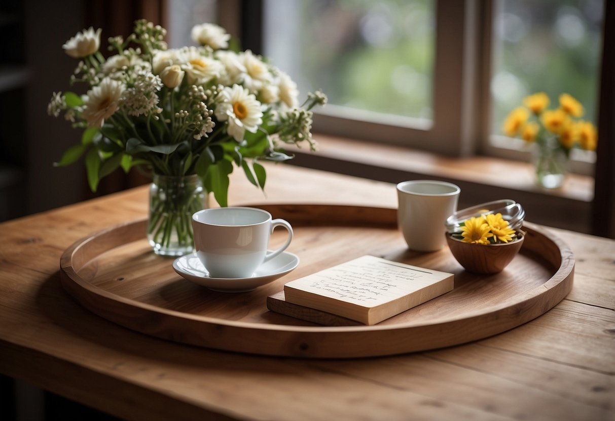 A rustic wooden serving tray adorned with fresh flowers and a handwritten note, set on a cozy kitchen table