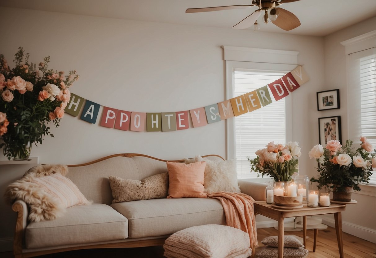 A colorful banner with "Happy Mother's Day" hangs above a mantle adorned with flowers and family photos. The room is filled with love and warmth