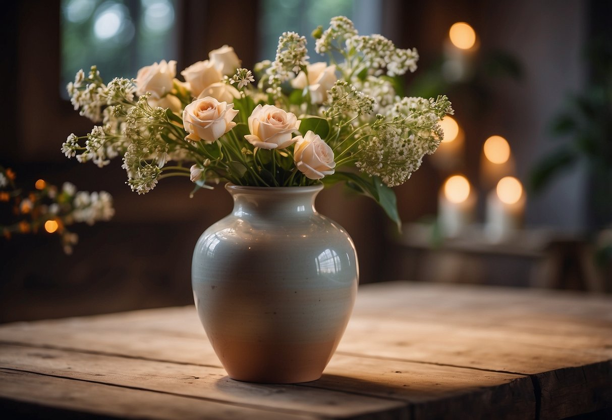 A handcrafted ceramic vase sits on a rustic wooden table, surrounded by delicate flowers and soft candlelight, creating a cozy Mother's Day home decor scene