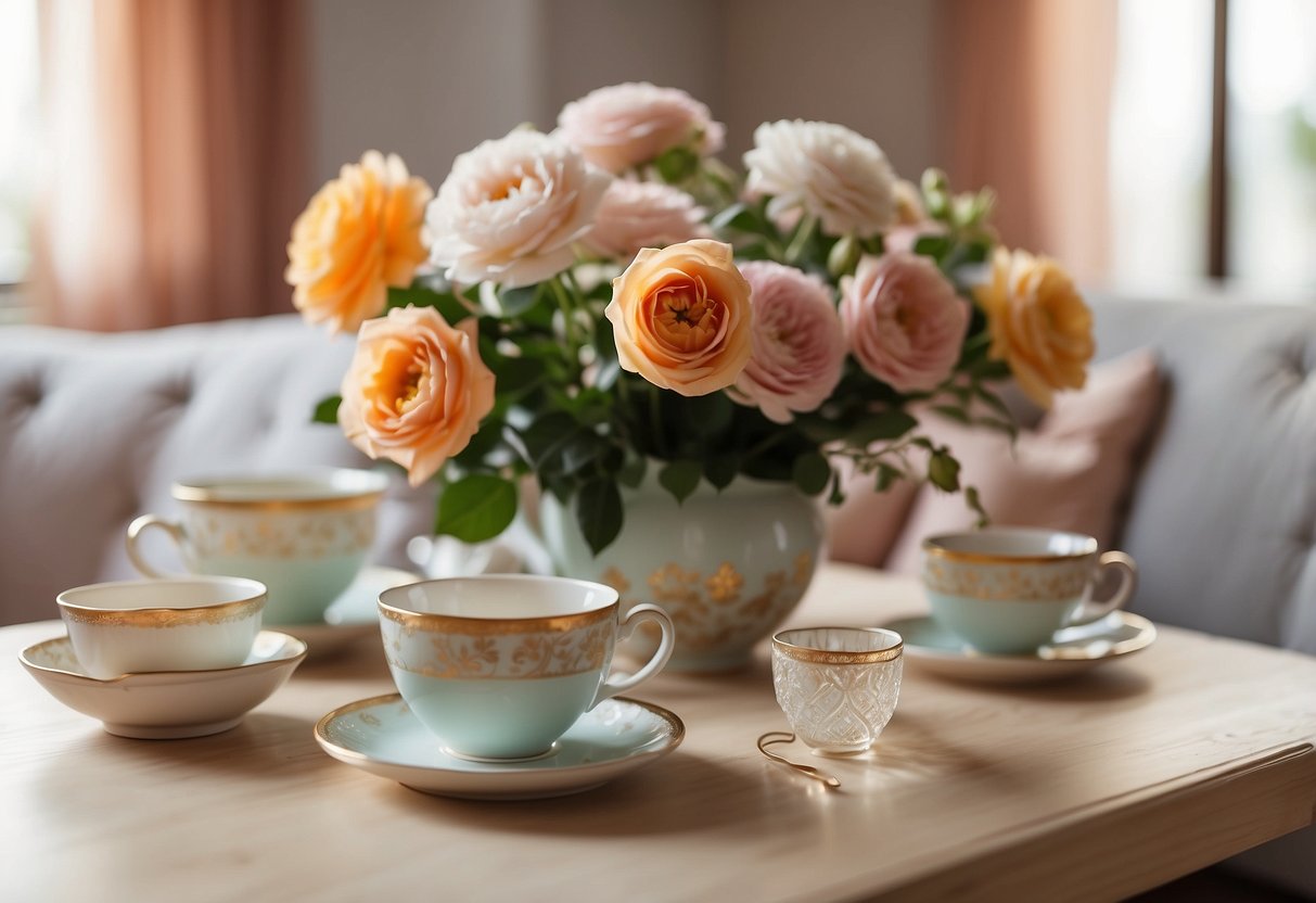 A cozy living room with soft pastel hues, floral accents, and warm lighting. A table adorned with delicate tea sets and fresh flowers