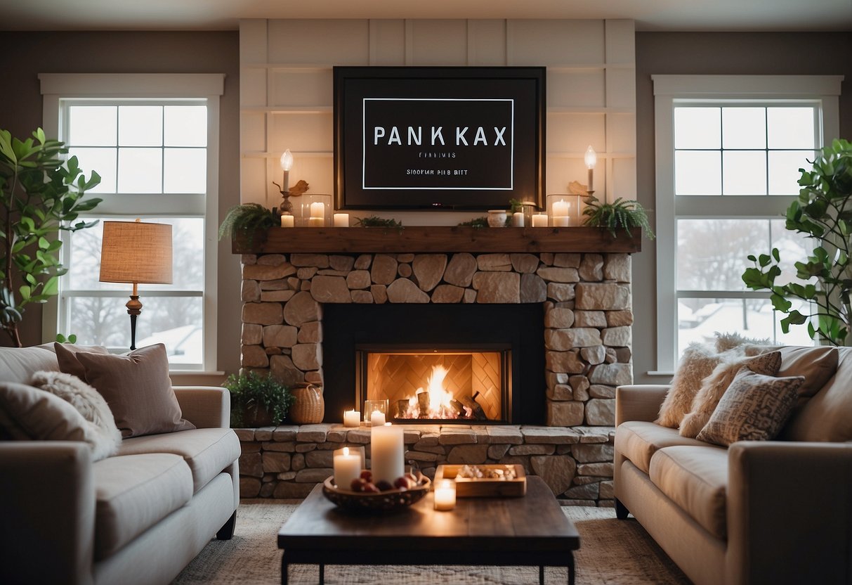 A cozy living room with custom throw pillows, a unique gallery wall, and a personalized family name sign above the fireplace