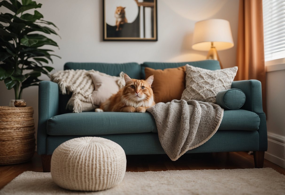 A cozy living room with a pet portrait hanging on the wall, surrounded by personalized home decor items such as throw pillows, blankets, and photo frames