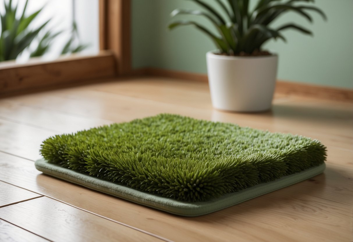 A lush green plant sits on a wooden shelf against a backdrop of pale green walls and white tiles. A soft, fluffy green bath mat lies on the floor, complementing the natural theme