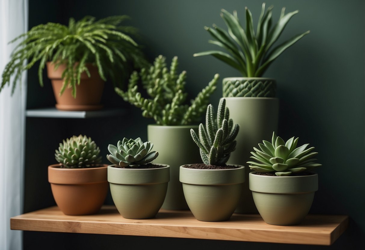 Green clay plant pots arranged on a shelf, surrounded by lush green bathroom decor