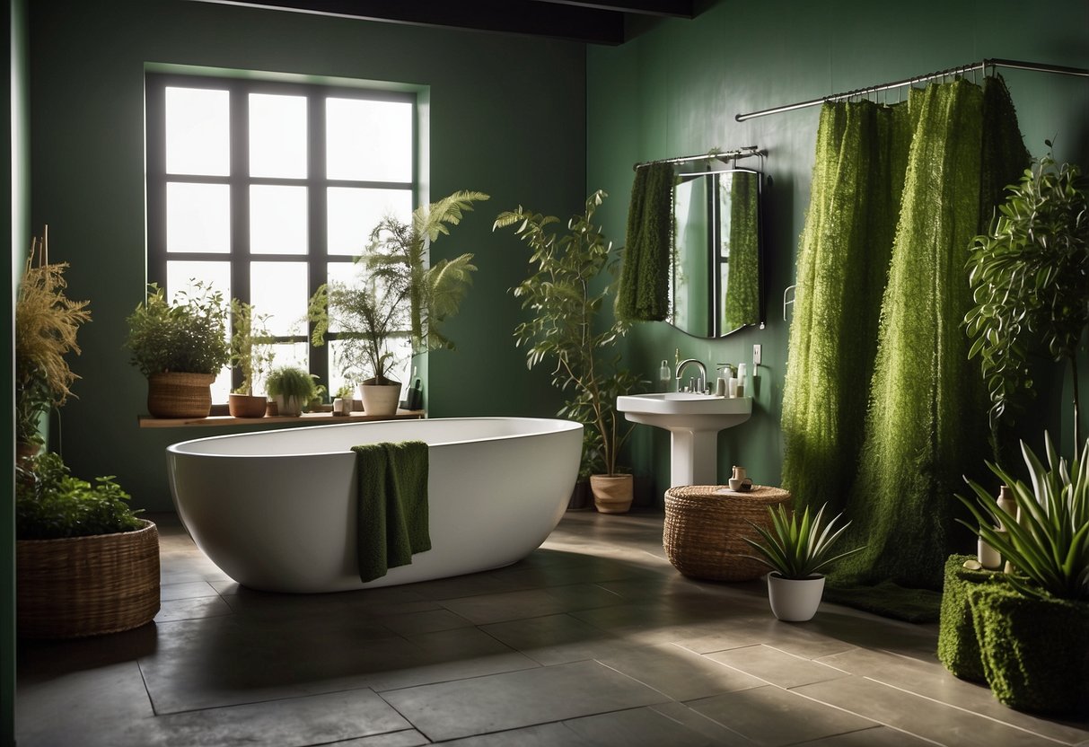 A bathroom with moss green shower curtains, plants, and natural decor