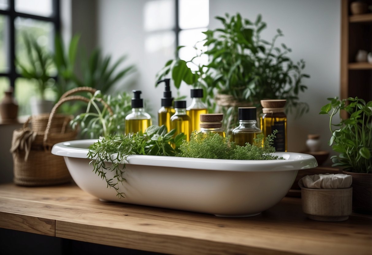 A bathtub surrounded by green plants and herbs, with bottles of herb-inspired bath oils on a wooden shelf, creating a serene and natural atmosphere