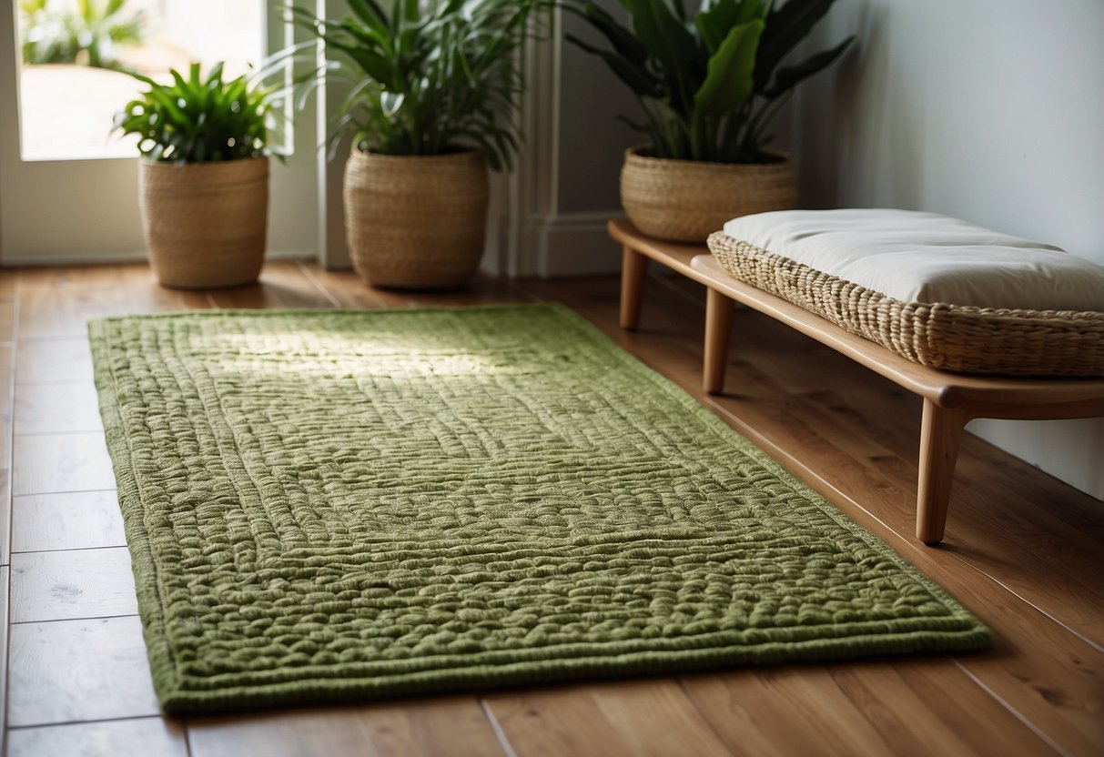 A natural jute bathroom rug sits on the floor, surrounded by green decor. The rug adds texture and warmth to the space