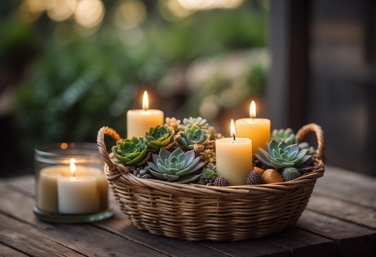 A beautifully arranged gift basket with candles, succulents, and decorative pillows sits on a rustic wooden table