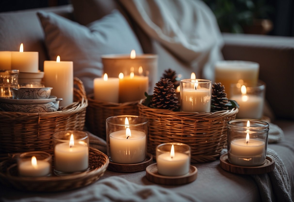 A cozy living room with a variety of scented candles in decorative holders, arranged in a gift basket with a bow