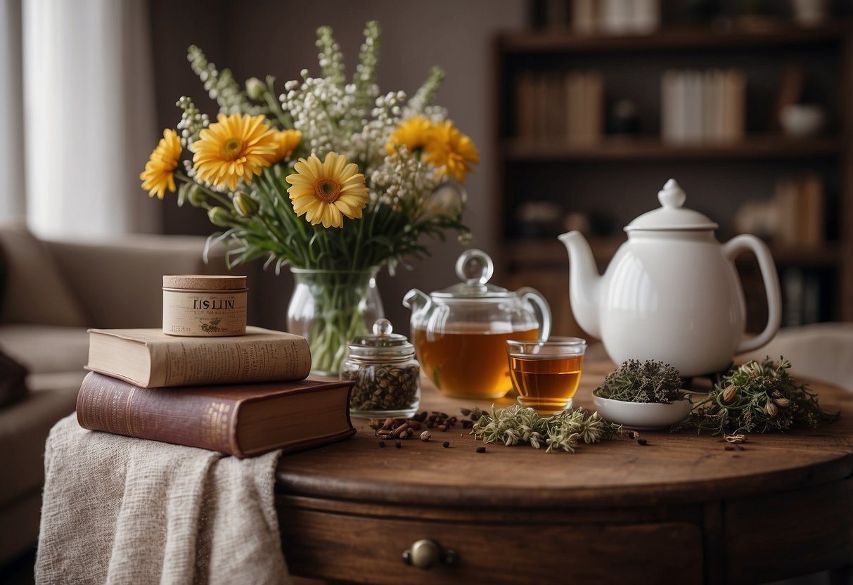 A cozy living room with a rustic wooden table adorned with an assortment of herbal tea tins, dried flowers, and a teapot. A soft blanket and a book complete the scene