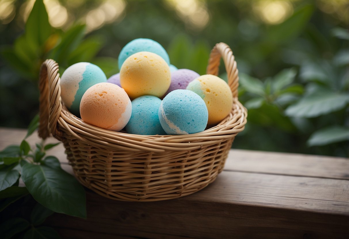 A wicker basket filled with colorful organic bath bombs, surrounded by greenery and natural elements