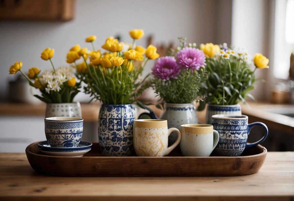 A cozy kitchen shelf displays hand-painted ceramic mugs in a variety of colors and patterns, complemented by fresh flowers and a rustic wooden tray