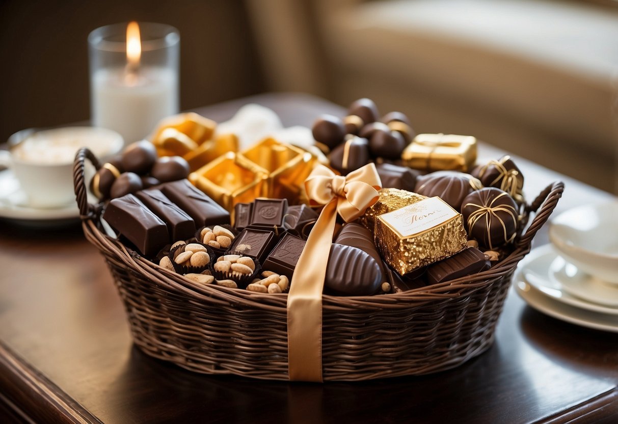 A decorative gift basket filled with gourmet chocolate assortment, adorned with ribbons and bows, placed on a table with elegant home decor items