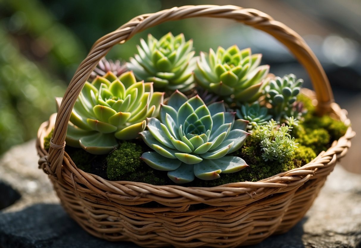 Three succulent plants arranged in a decorative basket with ribbon and moss. Bright, natural lighting showcases the vibrant green colors and unique textures of the plants