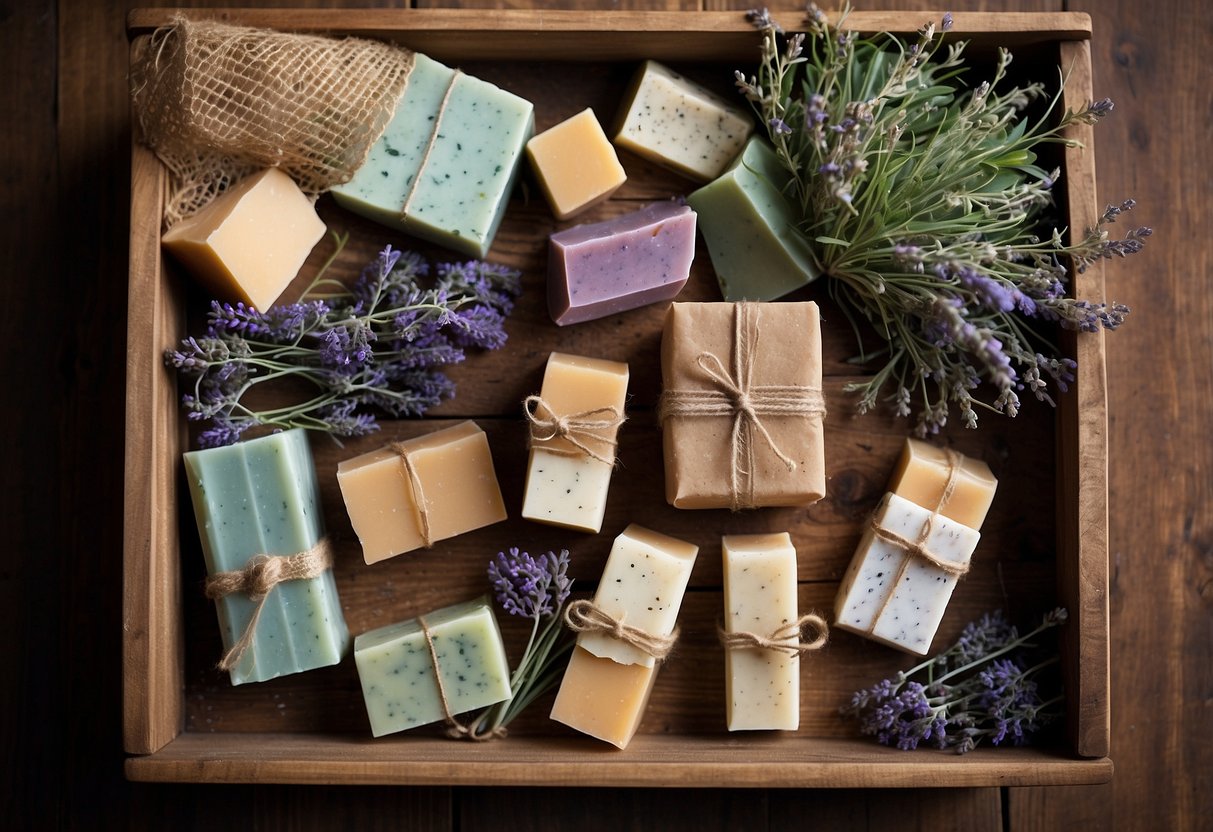 A rustic wooden crate filled with colorful, handcrafted soap bars and tied with a burlap ribbon. Surrounding the crate are sprigs of lavender and eucalyptus, adding a natural and inviting touch to the home decor gift basket ideas