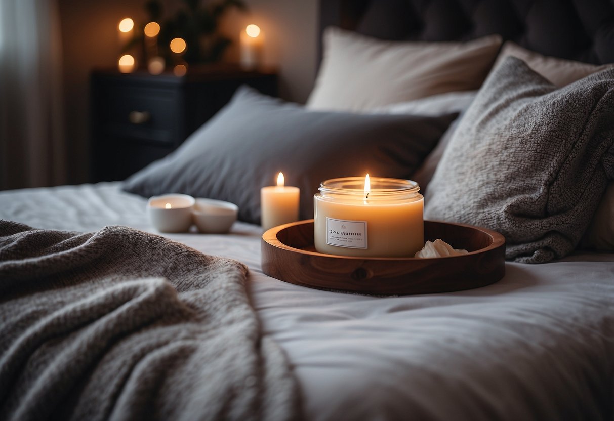 A cozy bedroom with a soft silk sleep mask laid on a plush pillow, surrounded by scented candles, a luxurious throw blanket, and a soothing essential oil diffuser