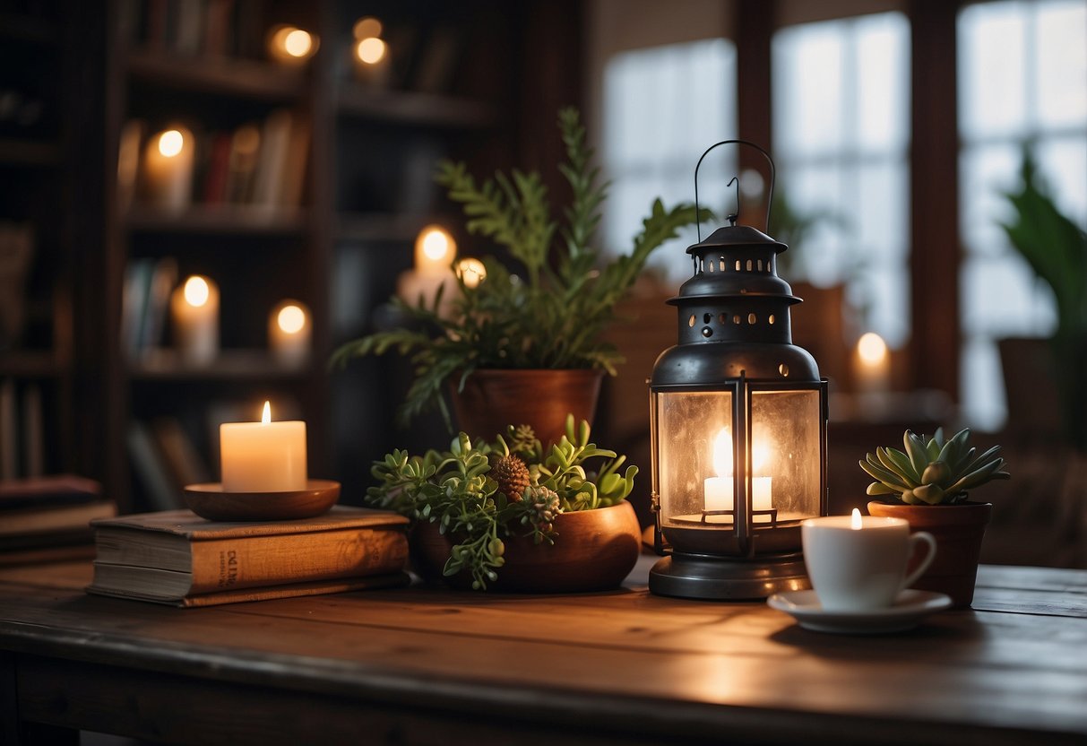 A cozy living room with a vintage lantern as the centerpiece on a rustic wooden table, surrounded by other vintage decor items like books, candles, and small potted plants