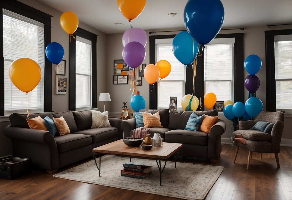 A living room with a large graduation cap centerpiece on the coffee table, surrounded by framed diplomas and photos of the graduate. Balloons and streamers in school colors adorn the walls