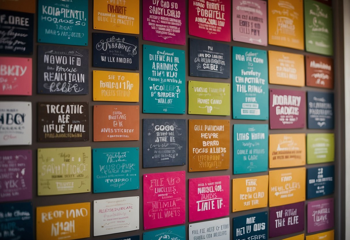 A colorful array of motivational quotes adorns a wall, creating an inspiring atmosphere for a graduation celebration. The quotes are beautifully designed and arranged, making for a perfect addition to any home decor