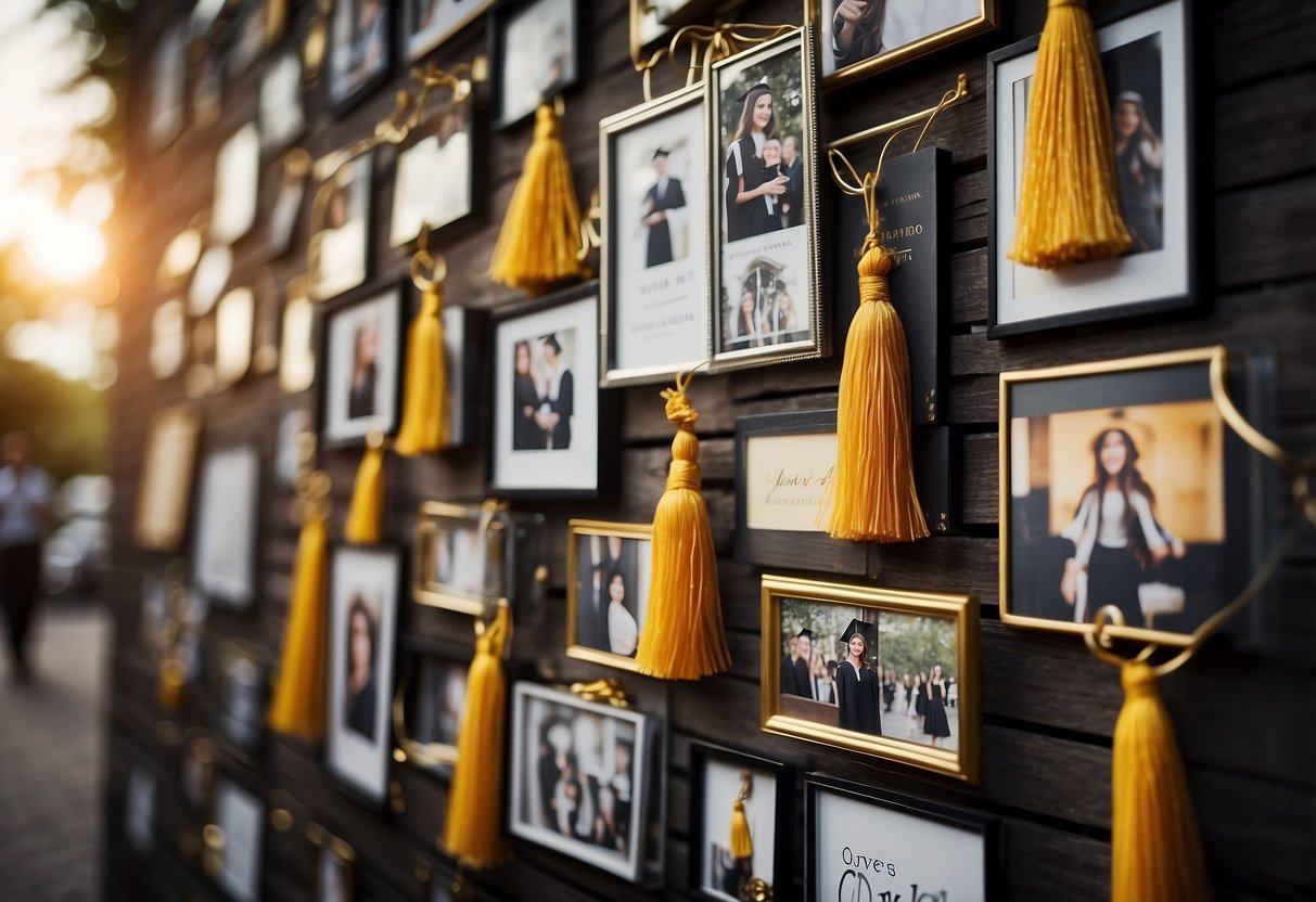 A wall with multiple photo collage frames filled with graduation memories, surrounded by decorative elements like tassels, confetti, and a graduation cap