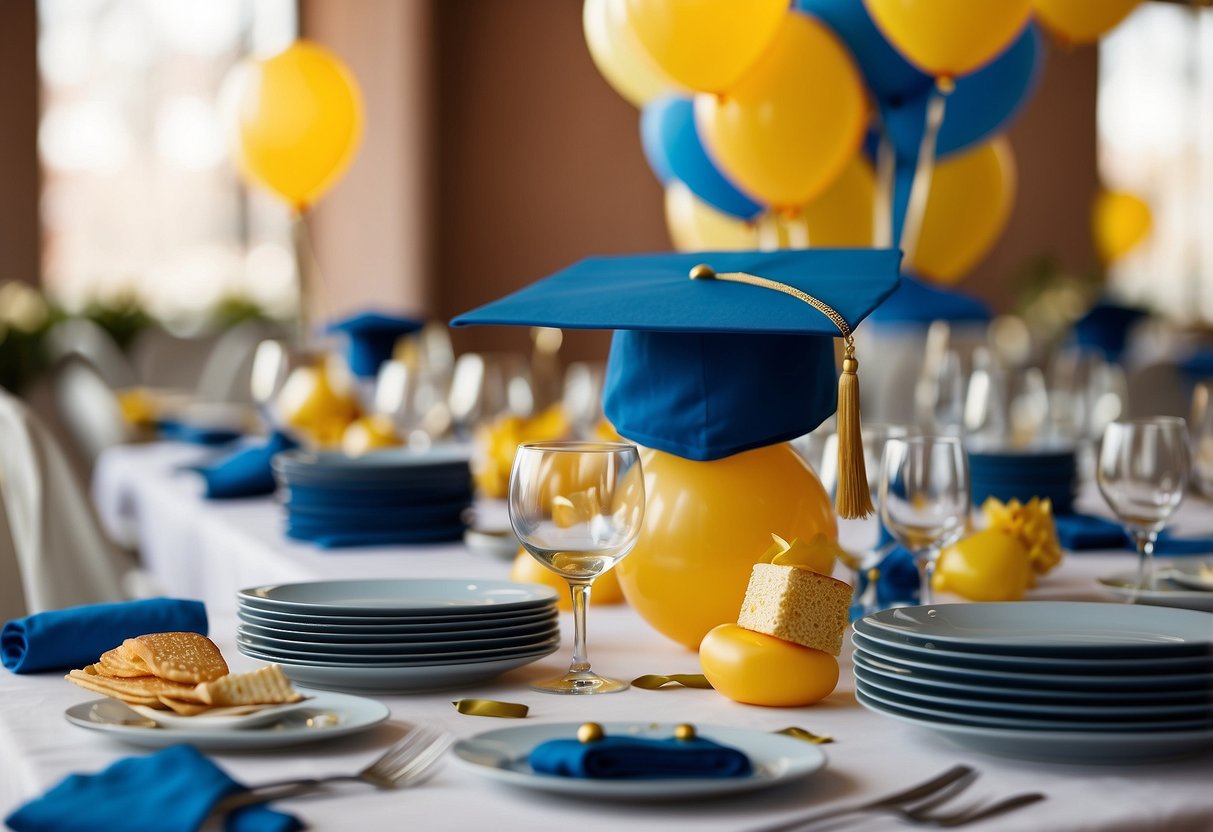 A table set with graduation-themed plates, napkins, and centerpieces. Balloons and confetti decorate the room