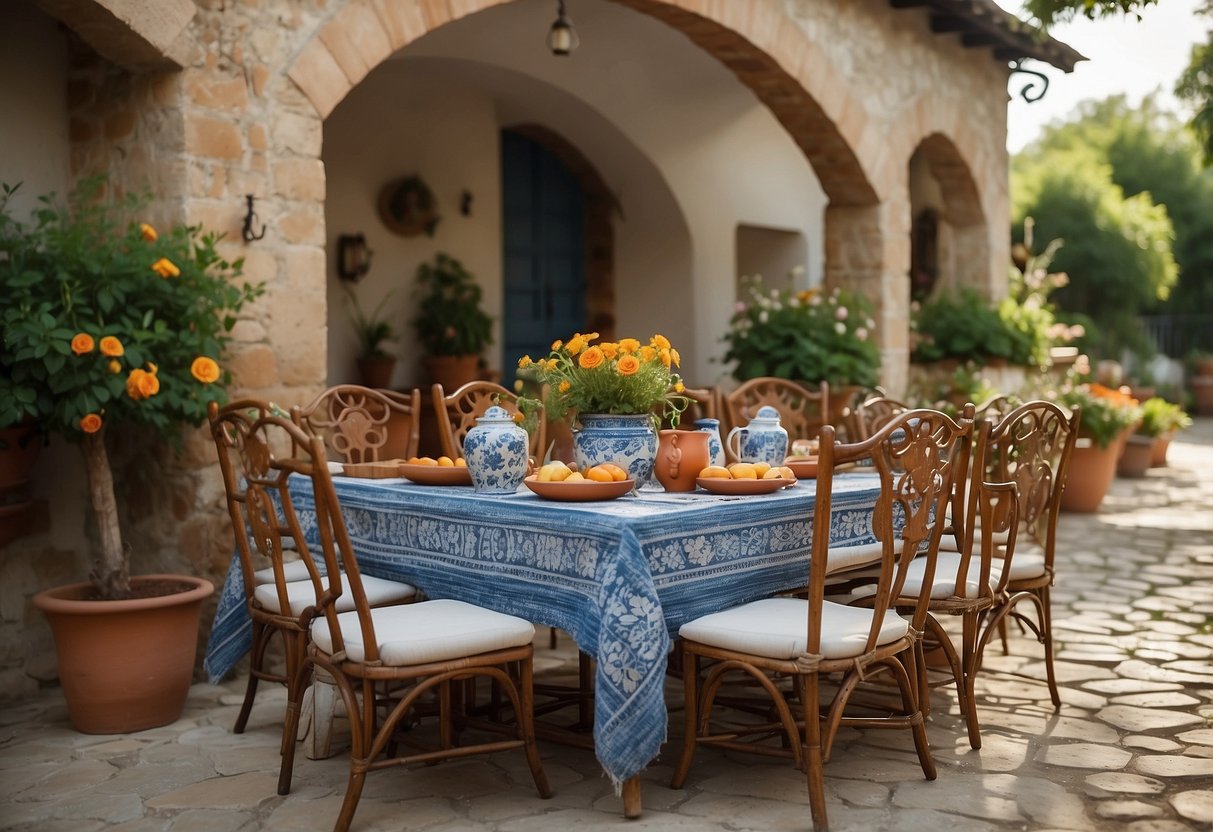 A whitewashed stone wall adorned with terracotta pots of vibrant flowers. A rustic wooden table set with blue and white patterned dishes, surrounded by wrought iron chairs. A woven rug and embroidered throw pillows add warmth to the space