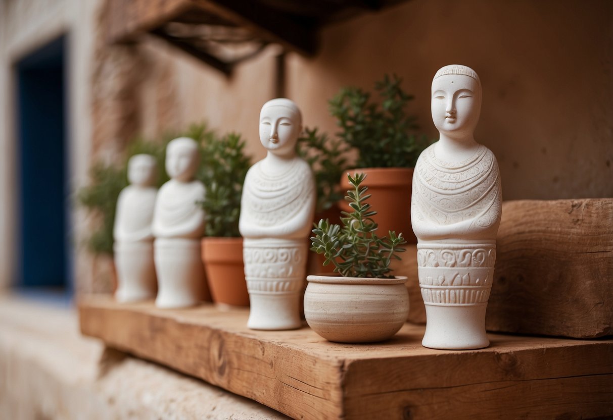 A Cycladic figurine sits on a rustic wooden shelf, surrounded by terracotta pots and white-washed walls adorned with traditional Greek patterns