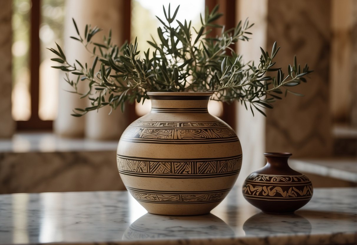 A Mycenaean patterned vase sits on a marble table, surrounded by Greek home decor items like olive branches and woven textiles