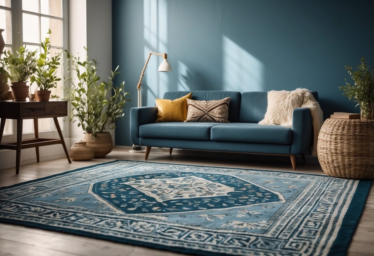 An Aegean blue area rug lies in a sunlit room with white walls, adorned with Greek-inspired decor such as pottery, olive branches, and traditional patterns