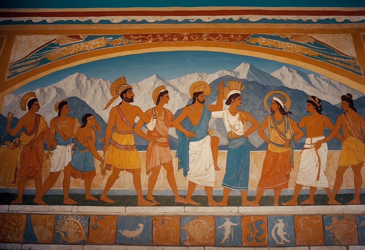 A vibrant Minoan fresco adorns the wall, featuring intricate patterns and vibrant colors. The Greek home is adorned with similar decor, creating a lively and cultural atmosphere