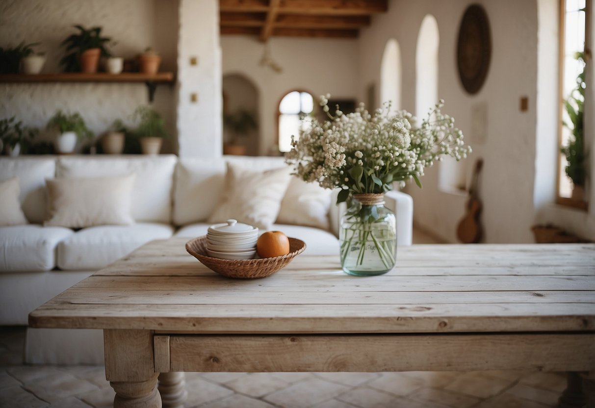 Whitewashed wood furniture in a Greek home with decorative accents and traditional elements