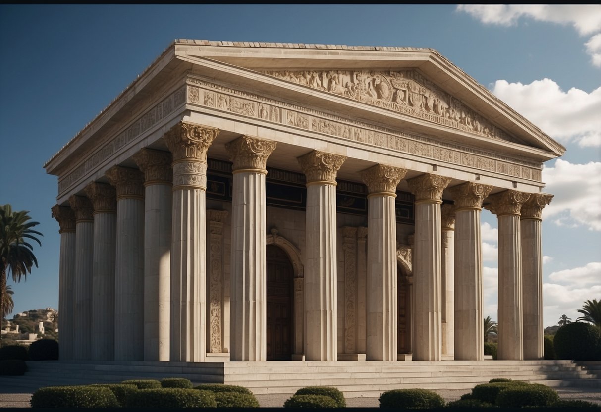 A grand entrance with Hellenistic style columns, adorned with intricate carvings and detailed patterns, creating a sense of ancient Greek opulence