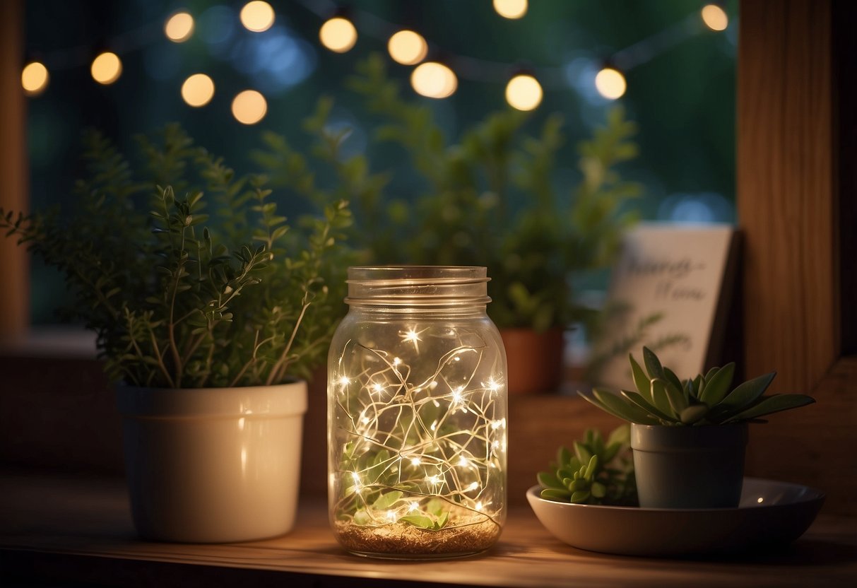 A mason jar filled with fairy lights, surrounded by greenery and displayed on a wooden shelf