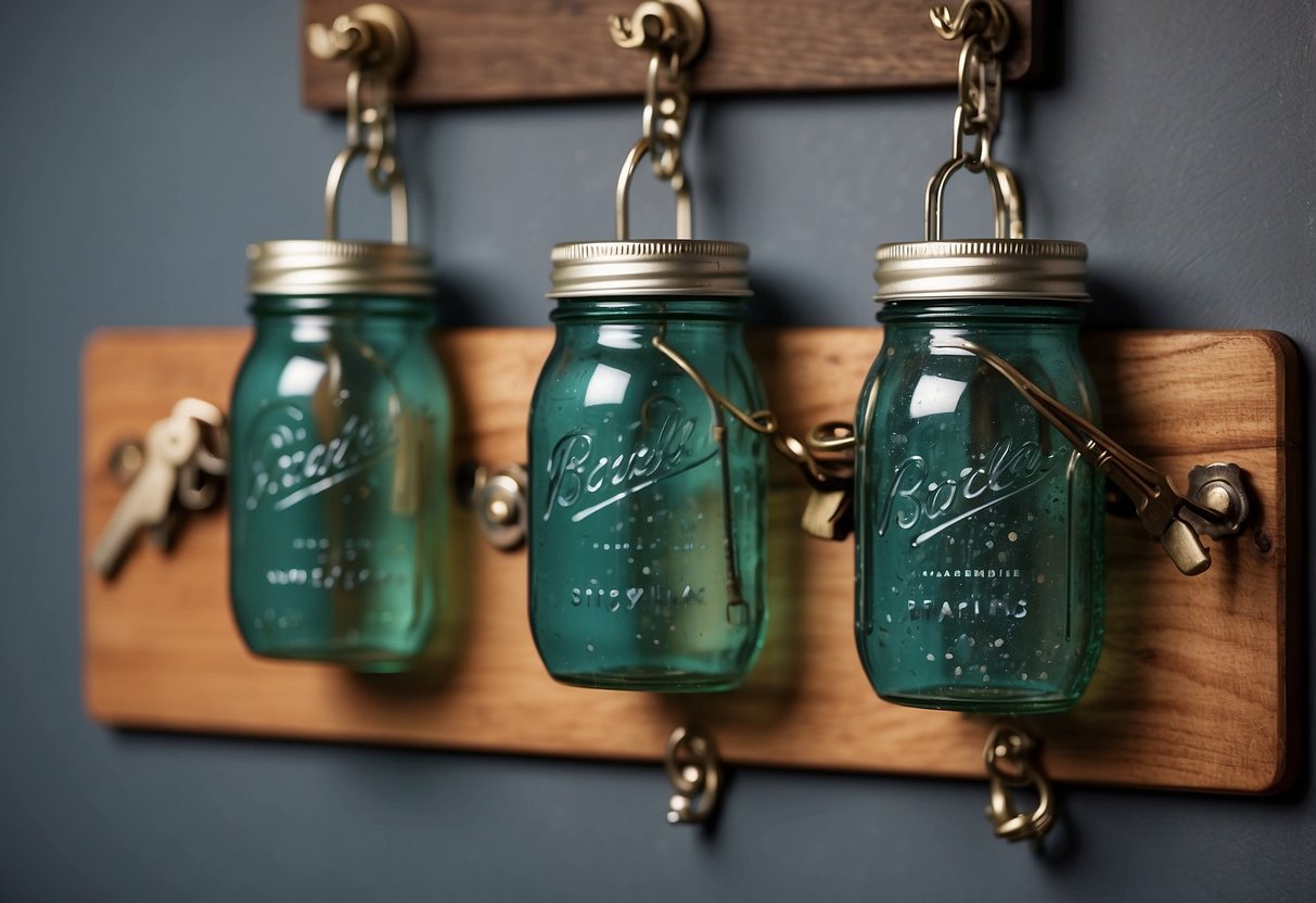 A wooden board with three mason jars attached, each holding a set of keys. The board is mounted on a wall with decorative hooks