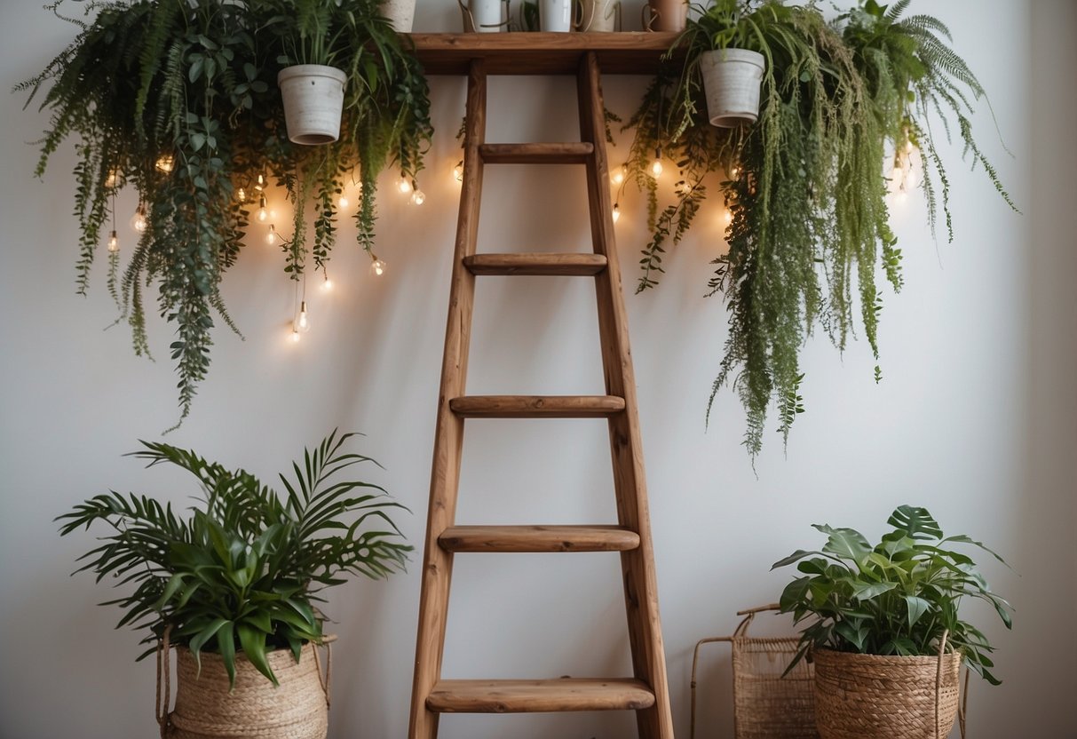 A wooden ladder leaning against a whitewashed wall, adorned with hanging plants, fairy lights, and framed artwork