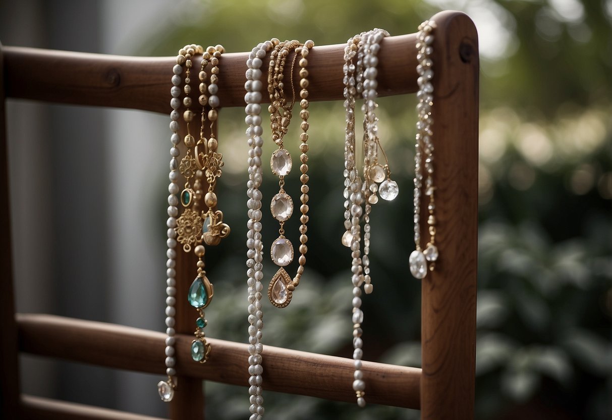 A wooden ladder adorned with hanging jewelry, displayed as a home decor piece