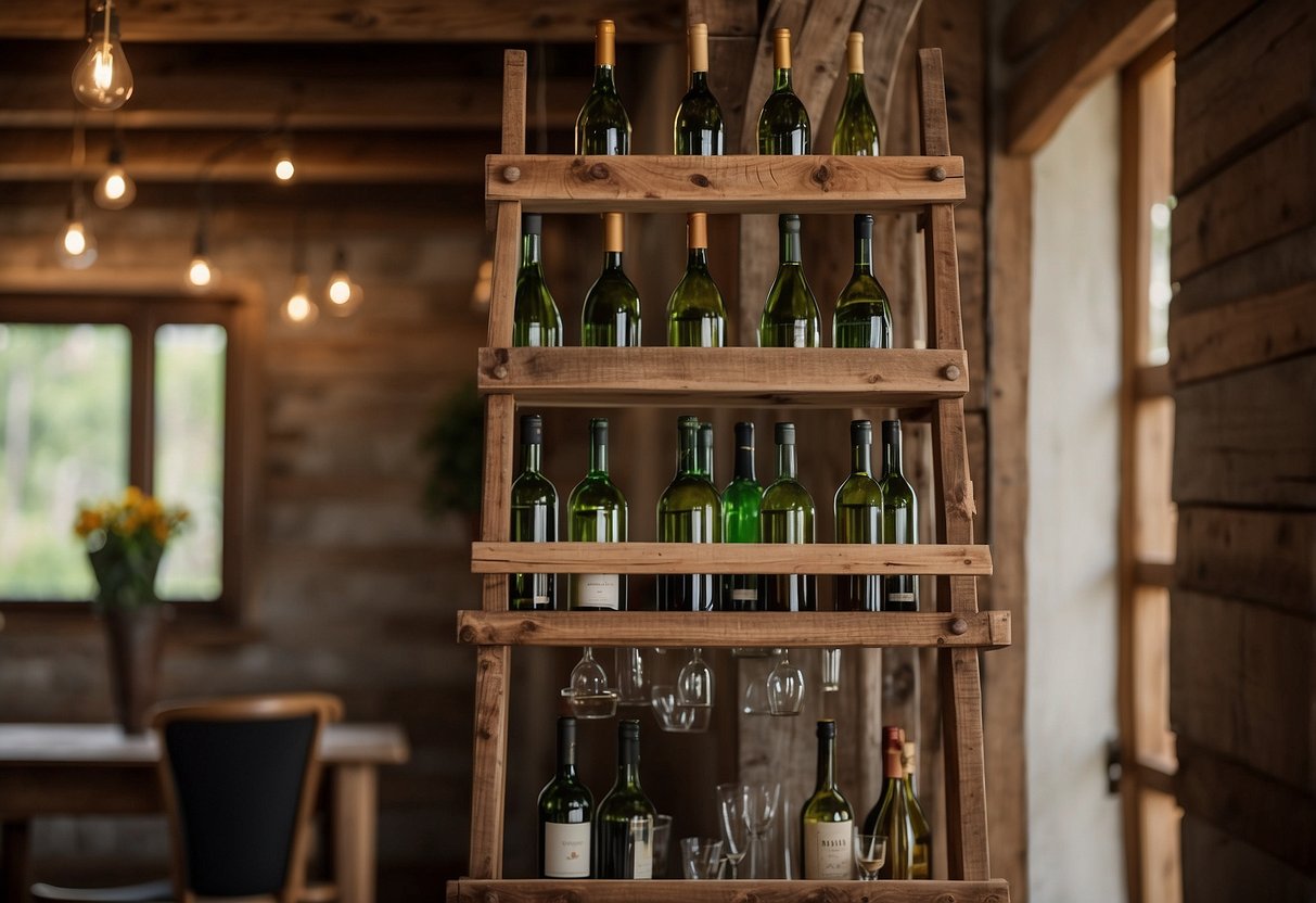 A wooden ladder repurposed as a wine rack, adorned with hanging bottles and glasses, set against a rustic home backdrop