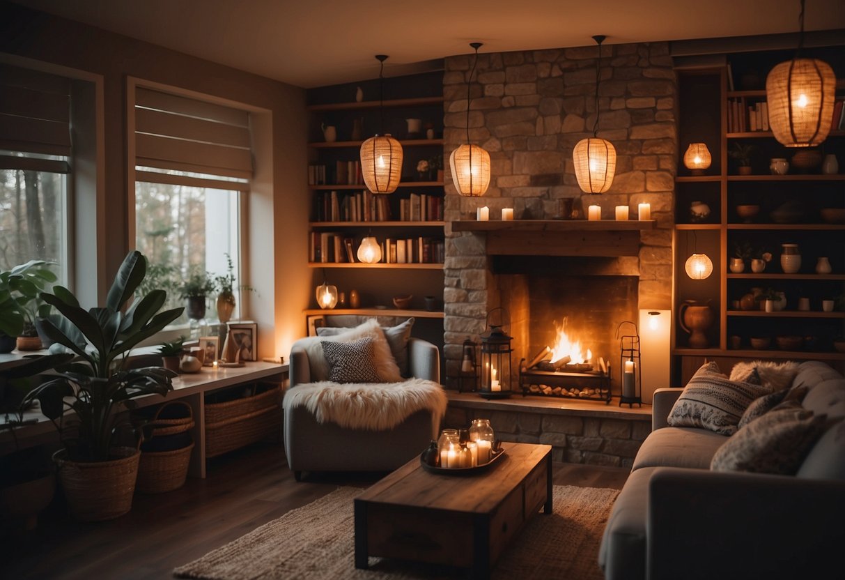 A cozy living room with warm lighting from multiple lanterns hanging from the ceiling and placed on shelves, creating a cozy and inviting atmosphere