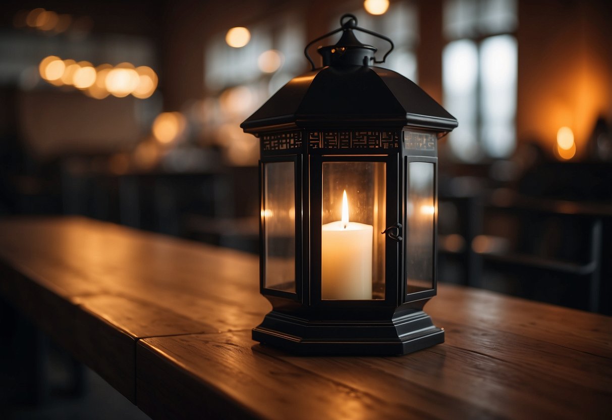 A black geometric lantern sits on a wooden table, its glass panels reflecting the warm glow of the candle inside