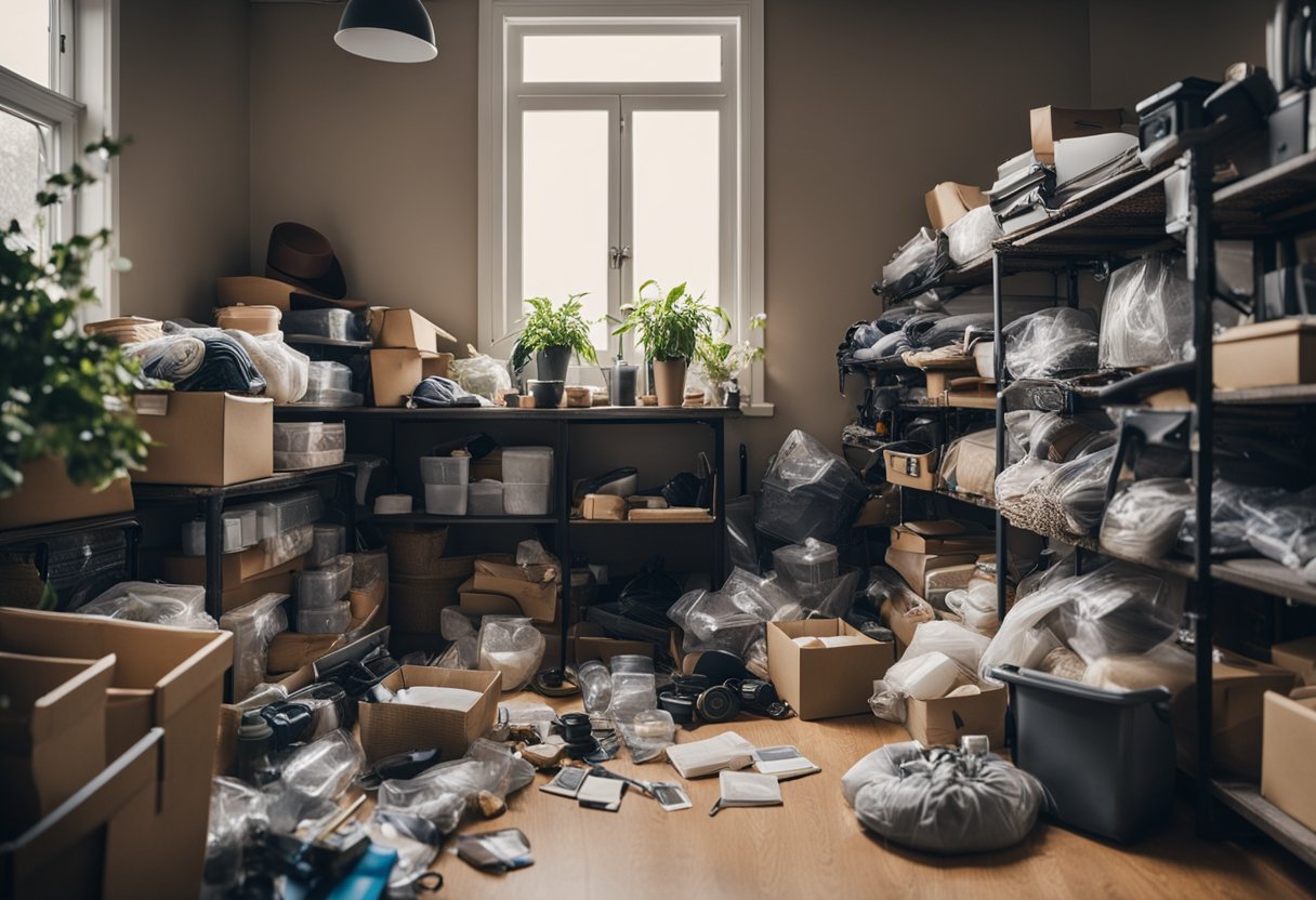 A cluttered house transforms into an organized space as items are sorted, discarded, and rearranged