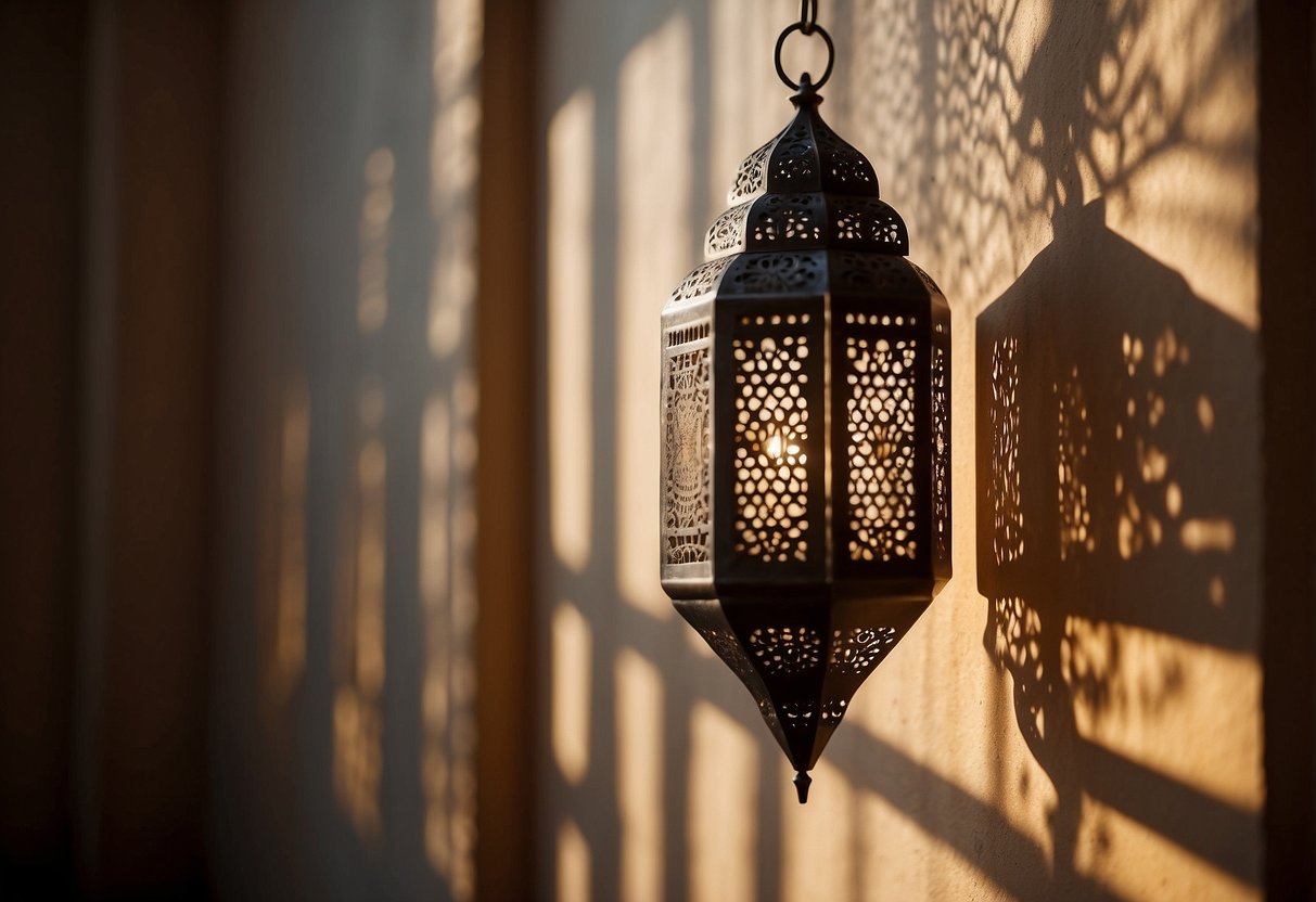 A Moroccan-inspired lantern hangs from a hook, its filigree design casting intricate shadows on the wall