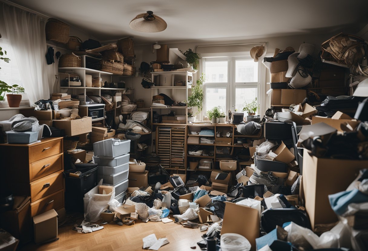 A cluttered house with scattered items, untidy rooms, and overflowing closets. Clear signs of disorganization and messiness throughout the entire space